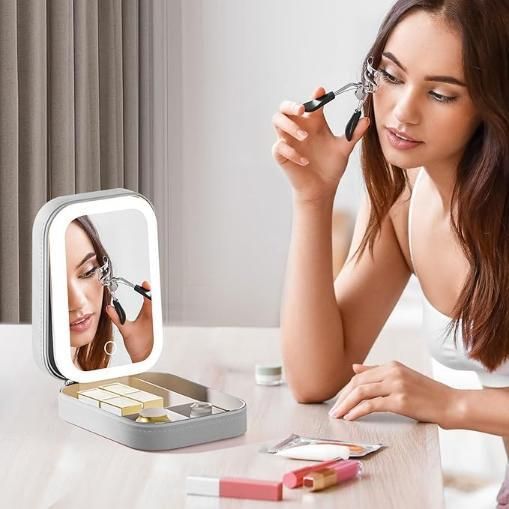 Foldable USB LED Makeup Mirror with Touch Control, 1X/10X Magnification, Adjustable Brightness, Rechargeable, Compact Travel Des