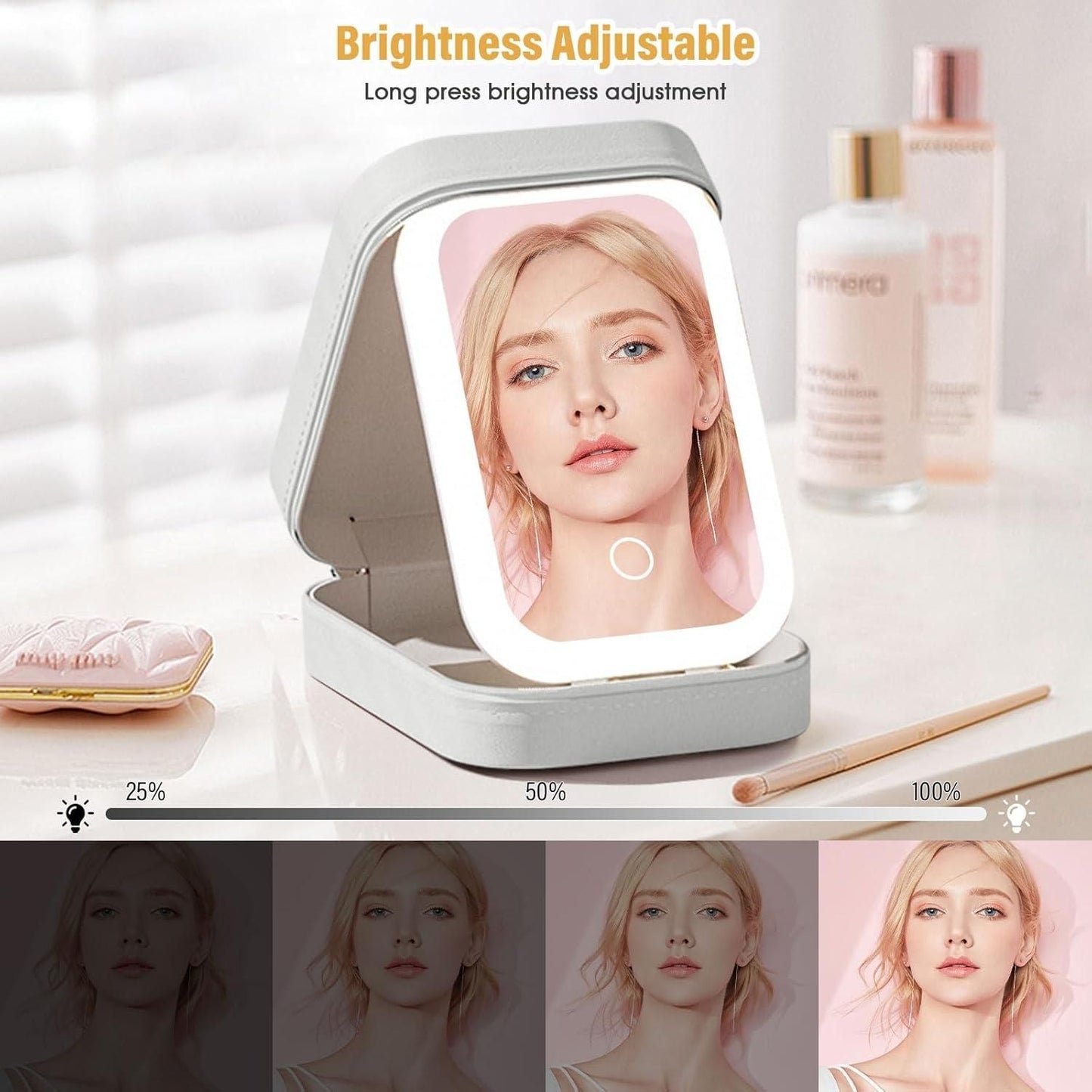 Foldable USB LED Makeup Mirror with Touch Control, 1X/10X Magnification, Adjustable Brightness, Rechargeable, Compact Travel Des