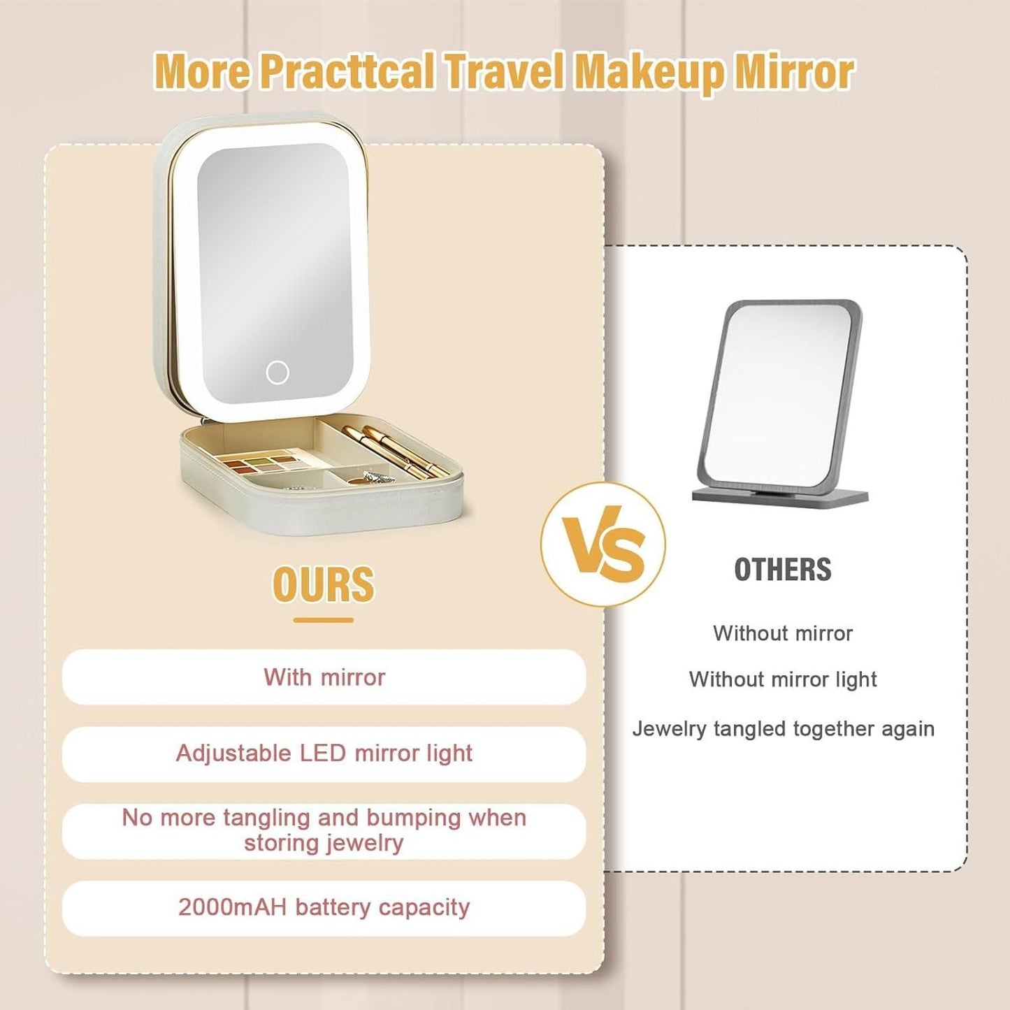 Foldable USB LED Makeup Mirror with Touch Control, 1X/10X Magnification, Adjustable Brightness, Rechargeable, Compact Travel Des